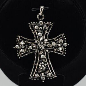 Vintage Ornate Cross Pendant with Gray Rhinestones